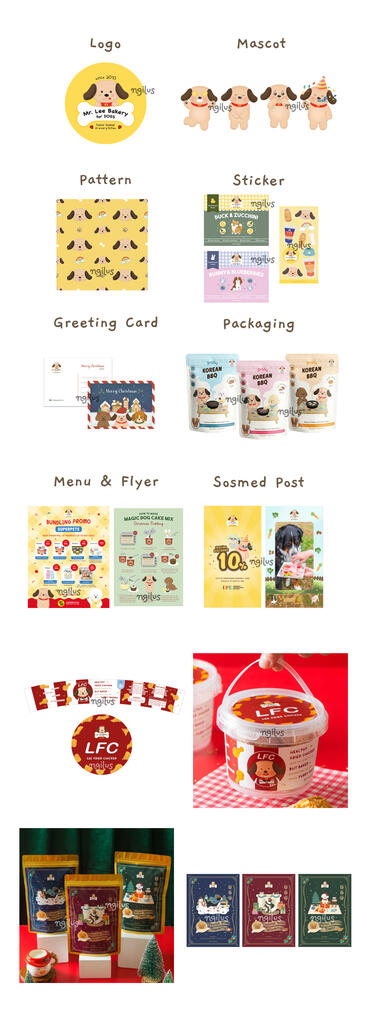 Mr. Lee Dogs Bakery Logo, Mascot, Pattern, Packaging, Sticker, Card, Menu, Flyer & Sosmed Post