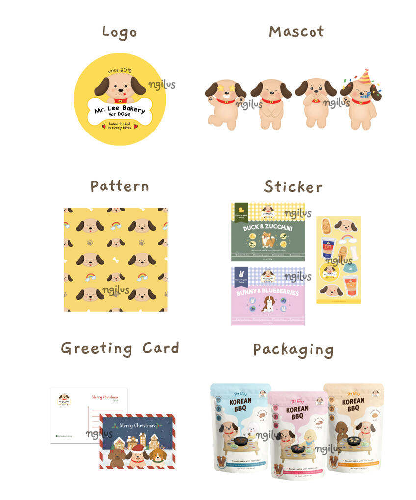 Mr. Lee Dogs Bakery Logo, Mascot, Pattern, Packaging, Sticker &amp; Card